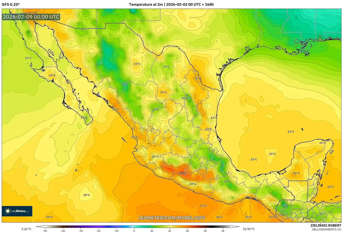 Temperaturas vespertinas en México, 8 de febrero de 2026