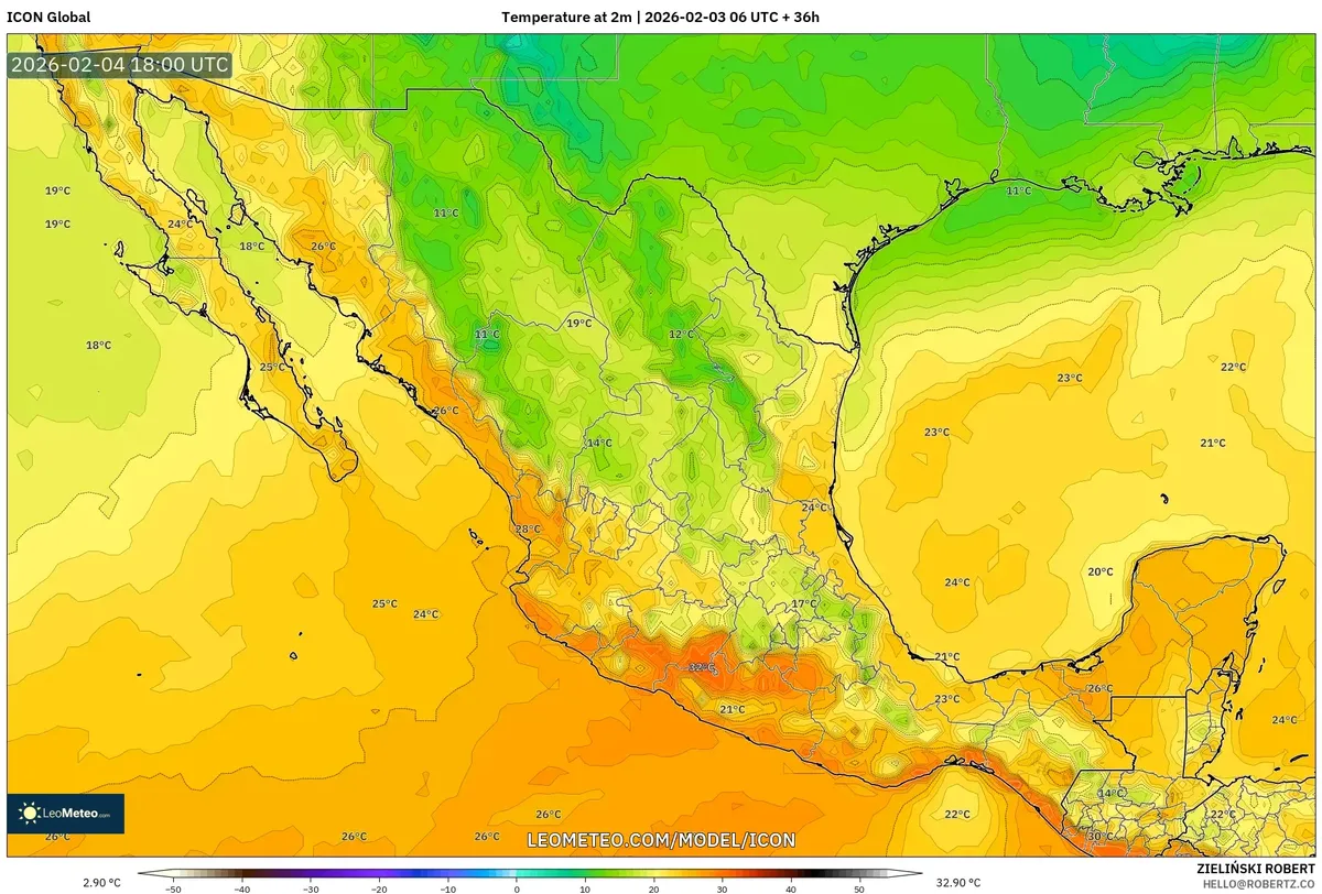 Temperatura a 2 m el 4 de febrero de 2026 (ICON)