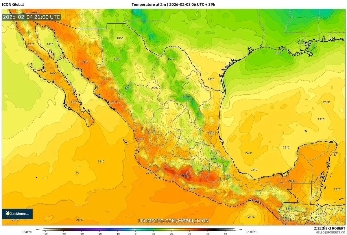 Máximo calor vespertino en el sur de México, 4 de febrero de 2026 (ICON)