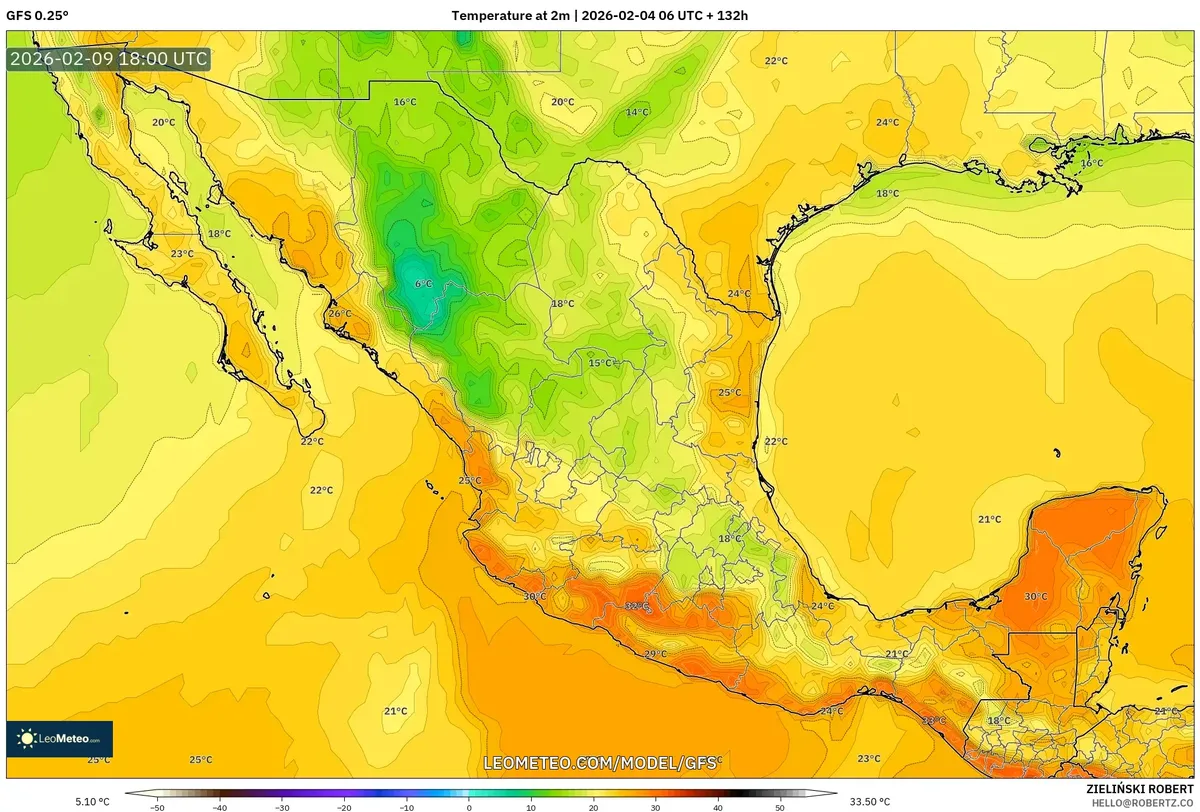 Temperaturas al mediodía en México el 9 de febrero de 2026