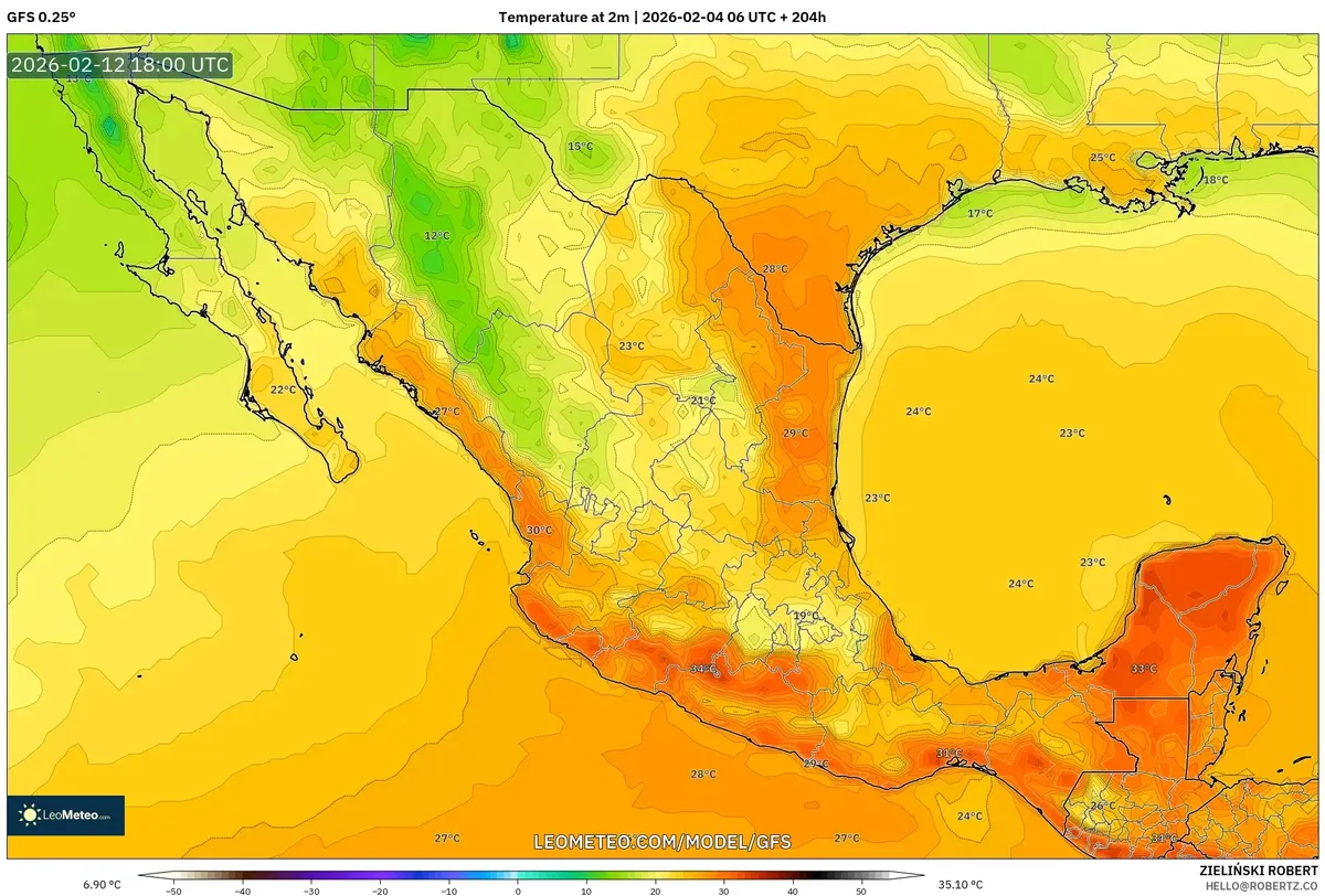 Temperaturas máximas en México el 12 de febrero de 2026