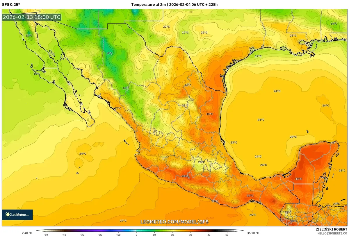 Picos de calor vespertino en el centro de México el 13 de febrero de 2026