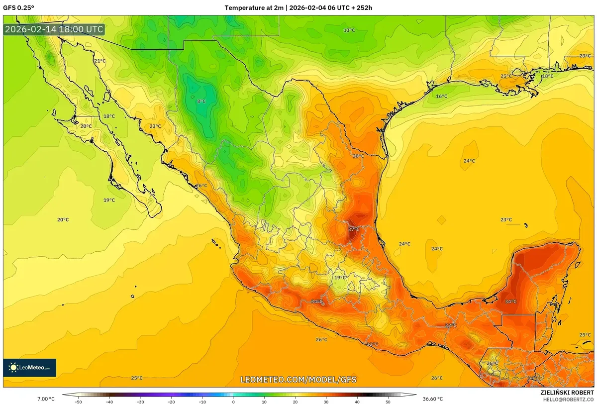 Temperaturas al mediodía en México el 14 de febrero de 2026