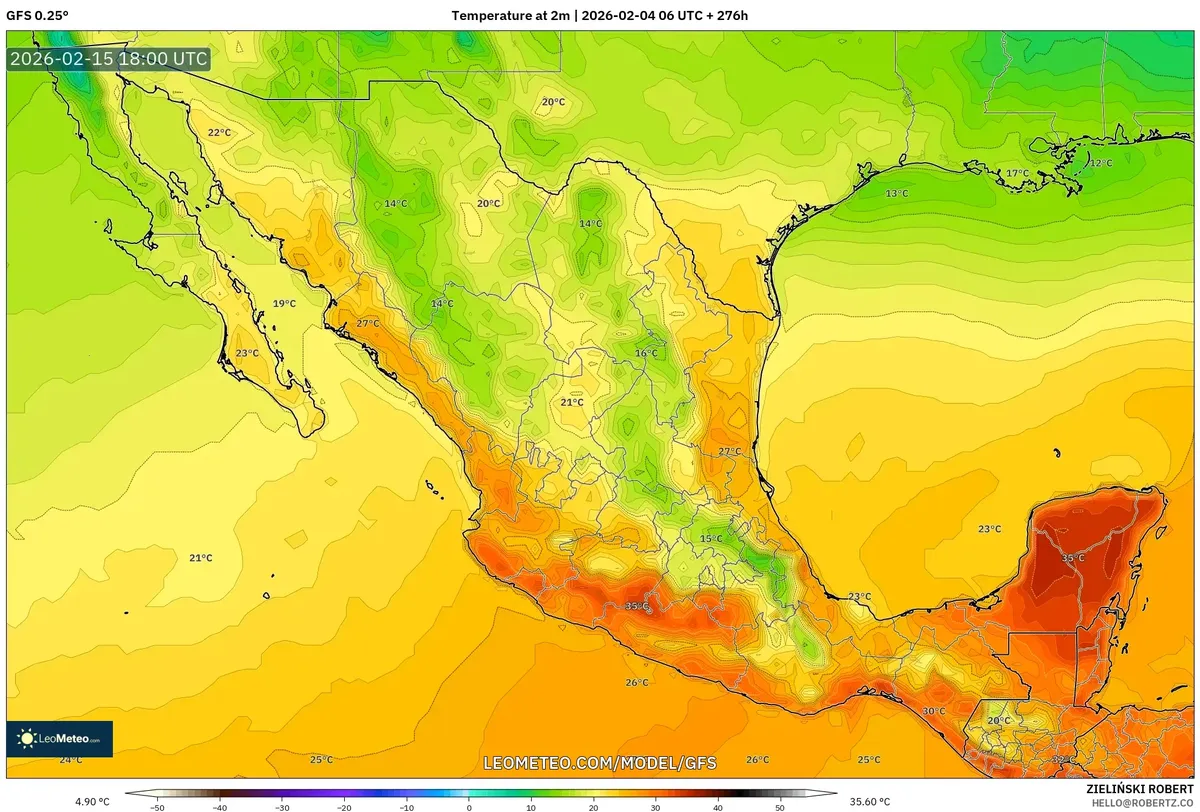 Temperaturas máximas al mediodía en México el 15 de febrero de 2026