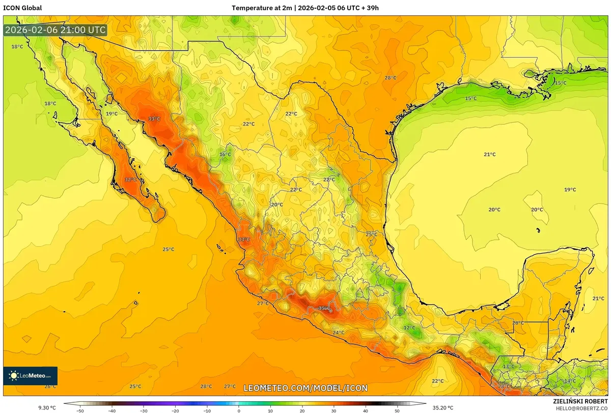 Máximo calor vespertino en el centro de México el 6 de febrero de 2026 (ICON)