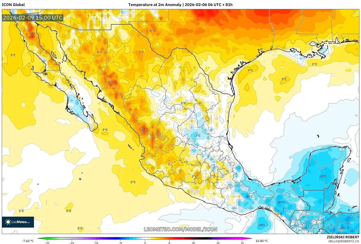 Anomalías de temperatura en México el 9 de febrero de 2026 (ICON)