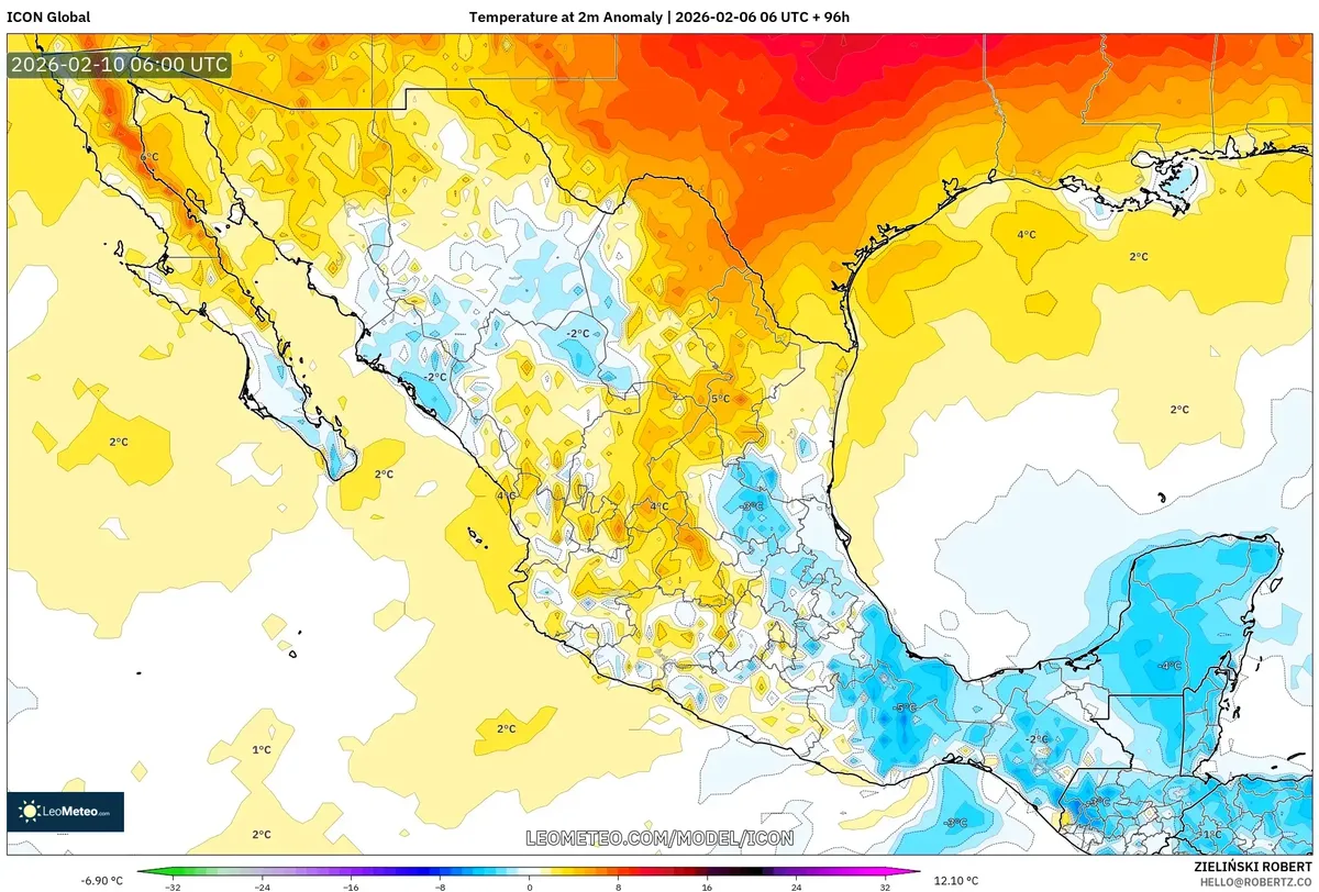 Anomalías cálidas de temperatura en México el 10 de febrero de 2026 (ICON)