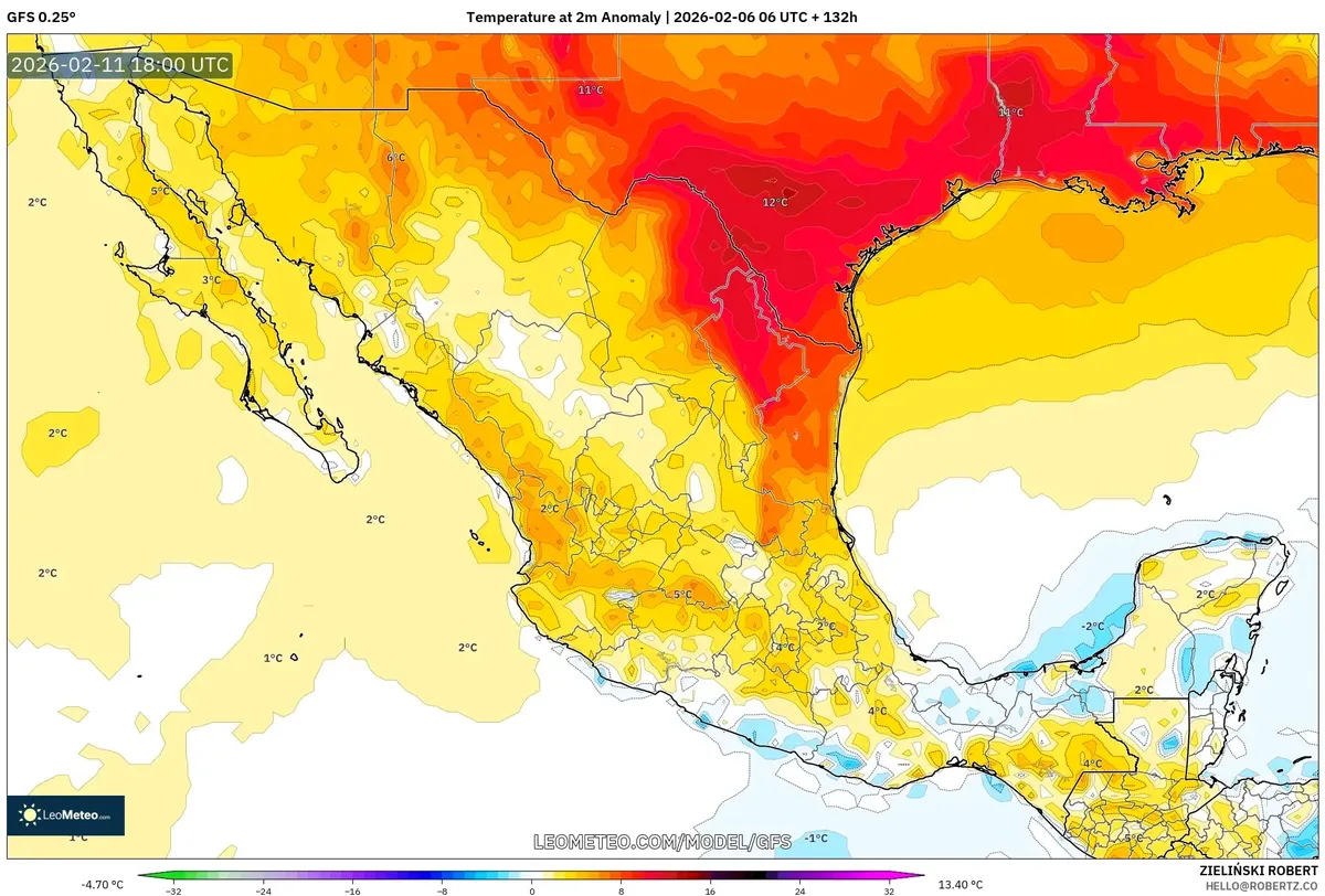Anomalías de temperatura en México el 11 de febrero de 2026 (GFS)
