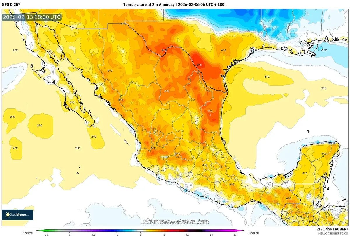 Anomalías de temperatura en México el 13 de febrero de 2026 (GFS)