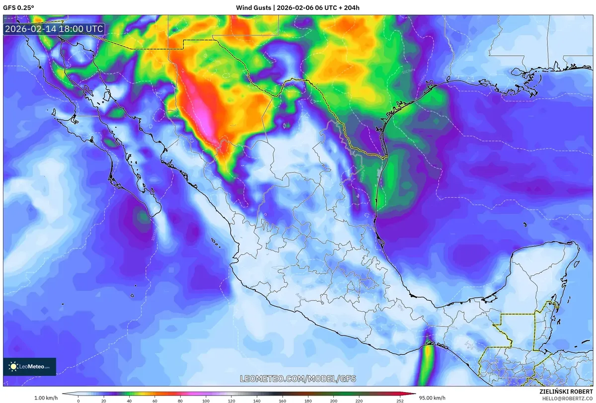 Rachas de viento en México el 14 de febrero de 2026 (GFS)
