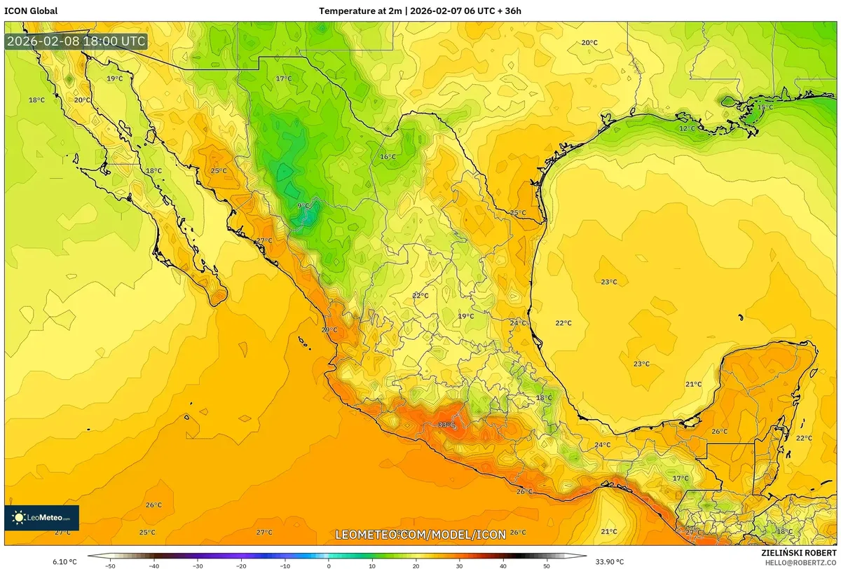 Calor de mediodía alcanza 28°C en el centro de México el 8 de febrero de 2026 (ICON)