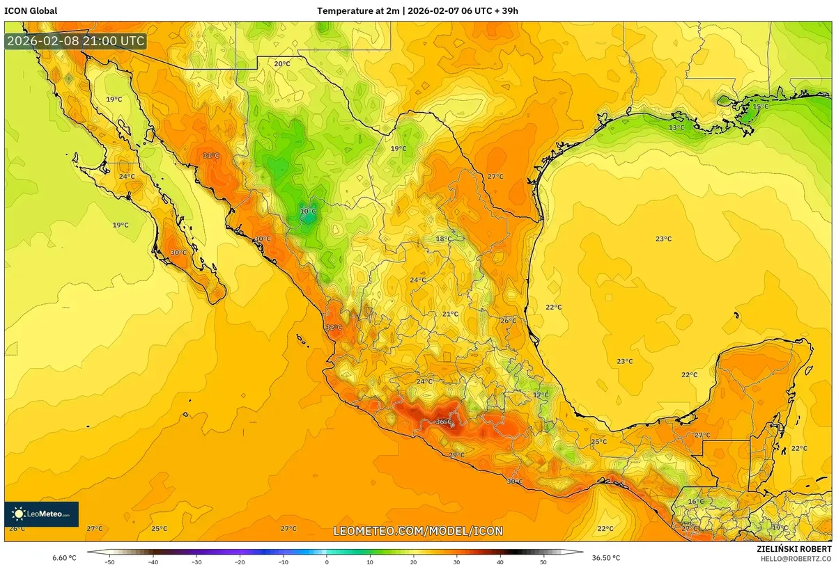 El calor vespertino alcanza 30°C en Guadalajara el 8 de febrero de 2026 (ICON)