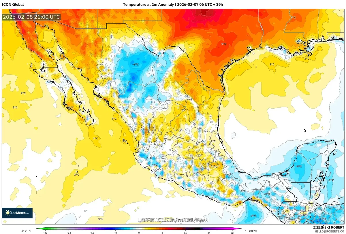 Anomalía de temperatura a 2 m el 8 de febrero de 2026 (ICON)