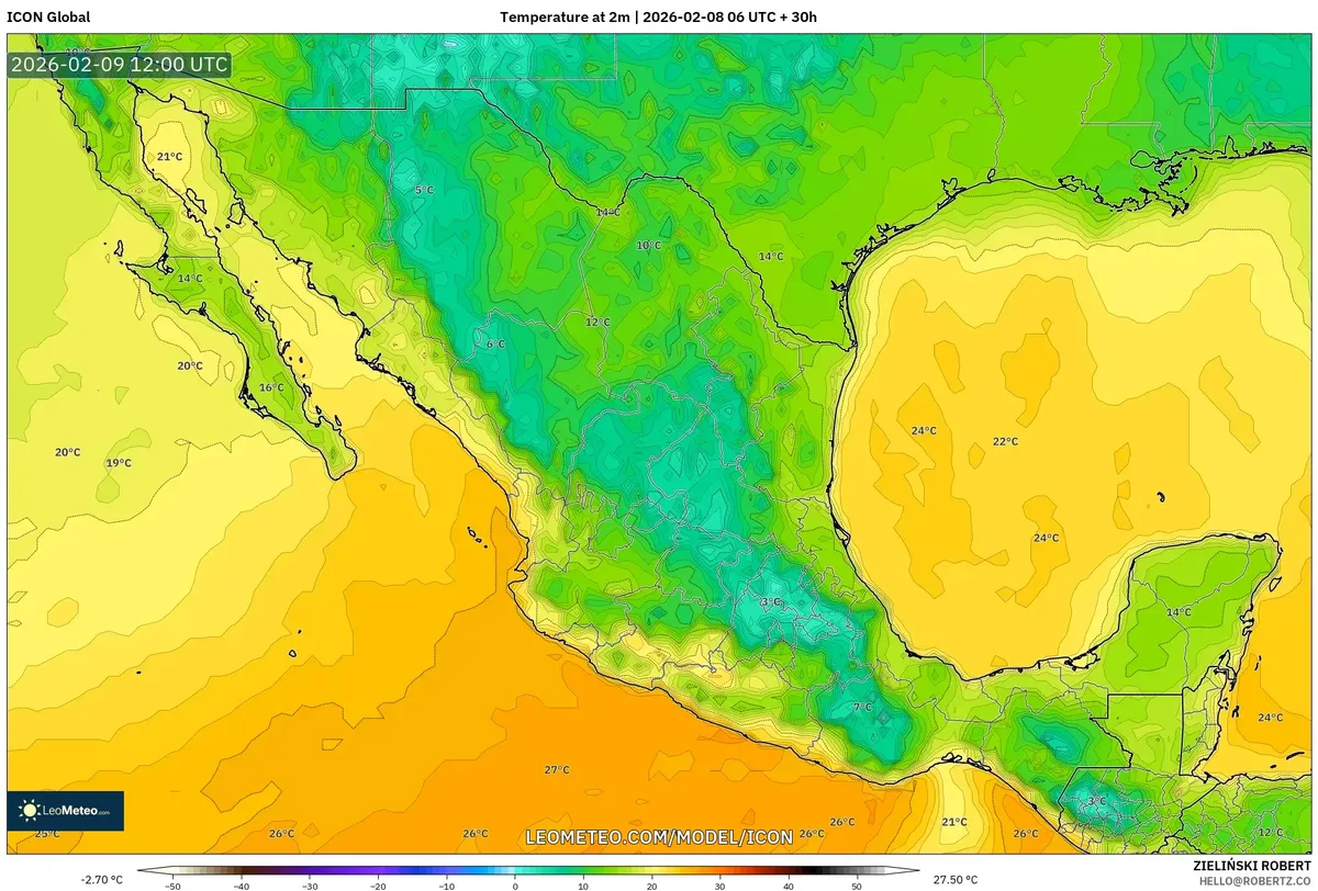 Temperaturas máximas vespertinas el 9 de febrero de 2026 (ICON)
