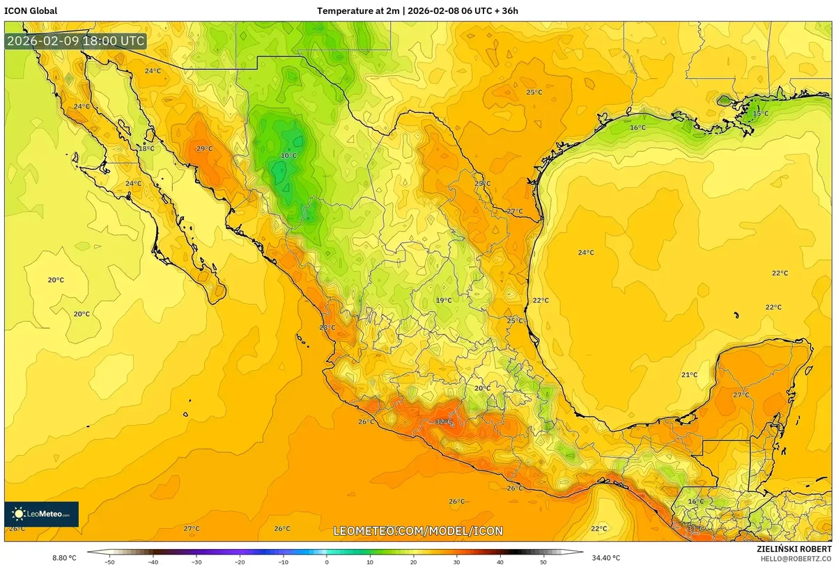 Tendencia de temperaturas nocturnas el 9 de febrero de 2026 (ICON)