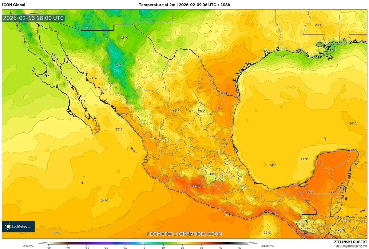Temperaturas máximas alcanzan su pico en el centro de México el 13 de febrero de 2026 (ICON)