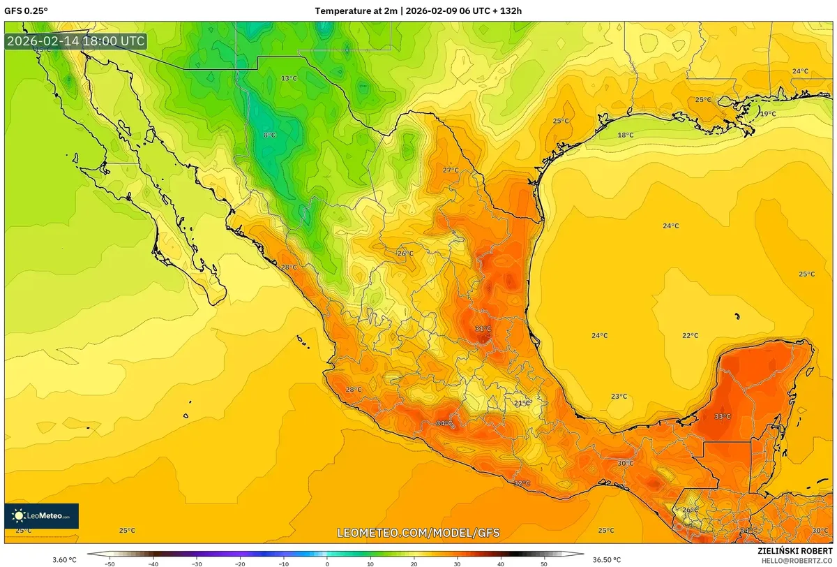 Tardes cálidas en el centro de México el 14 de febrero de 2026 (GFS)