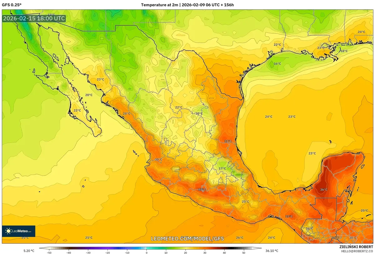 Temperaturas máximas alcanzan su pico en el centro de México el 15 de febrero de 2026 (GFS)