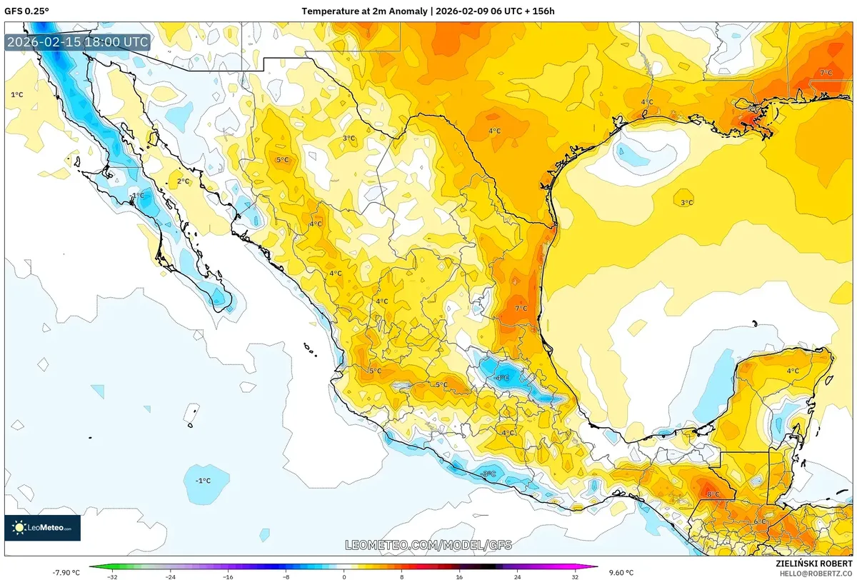 Anomalías de temperatura por encima de lo normal en Yucatán el 15 de febrero de 2026 (GFS)