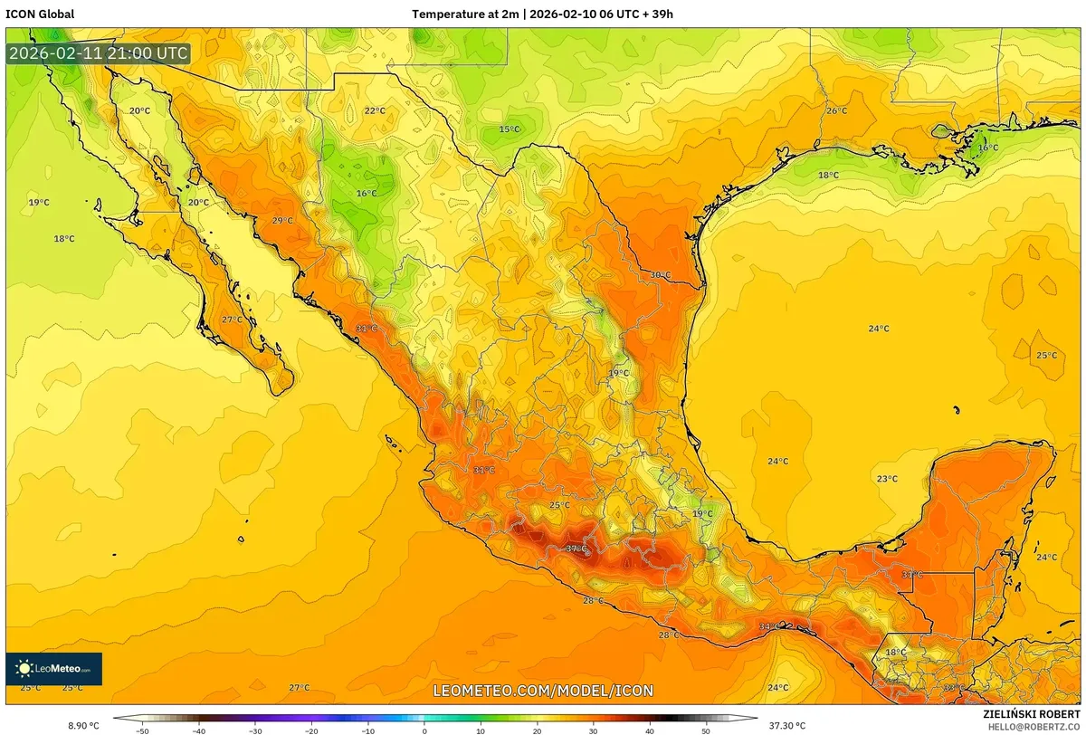 Pico de calor vespertino en el centro de México el 11 de febrero de 2026 (ICON)