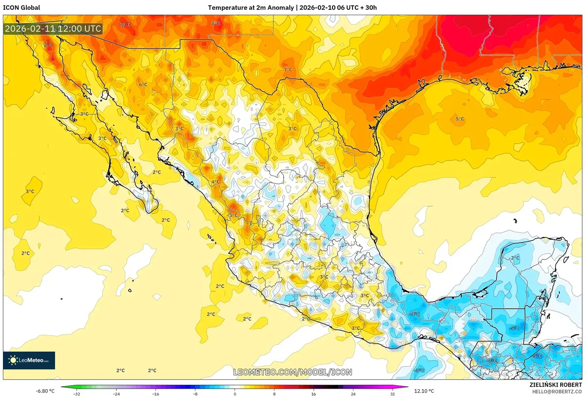 Anomalías cálidas de temperatura en México el 11 de febrero de 2026 (ICON)