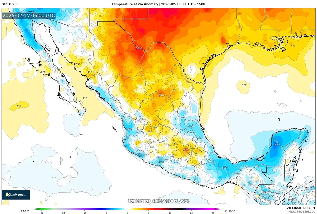 Anomalías cálidas nocturnas sobre México la noche del 17 de febrero de 2026
