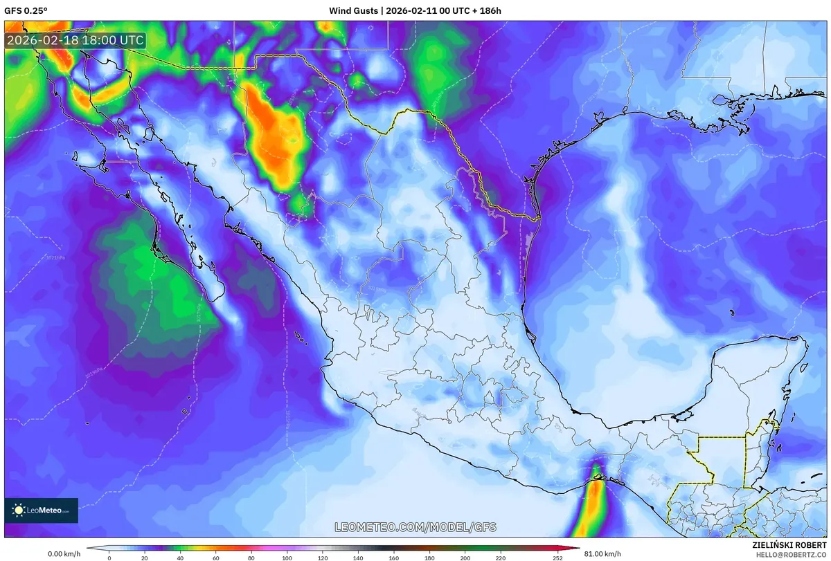 Rachas de viento fuertes en el noroeste de México el 18 de febrero de 2026