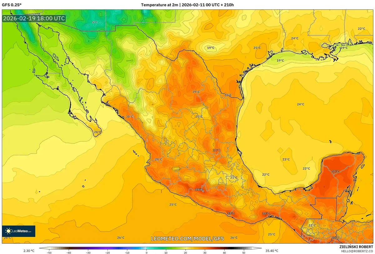 Temperaturas máximas en el centro de México el 19 de febrero de 2026