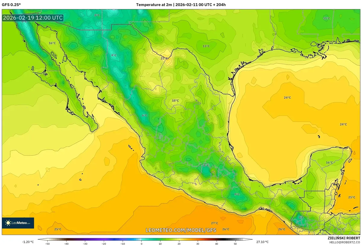 Tendencias de calentamiento matutino en México el 19 de febrero de 2026
