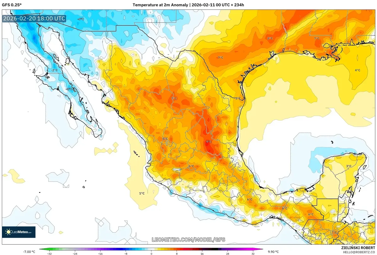 Anomalías cálidas máximas en el centro de México el 20 de febrero de 2026