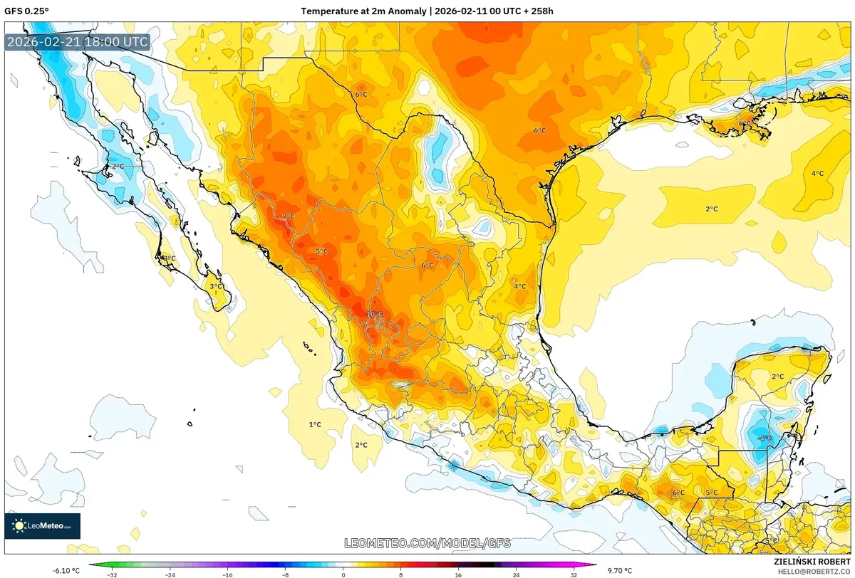 Anomalías cálidas en México el 21 de febrero de 2026