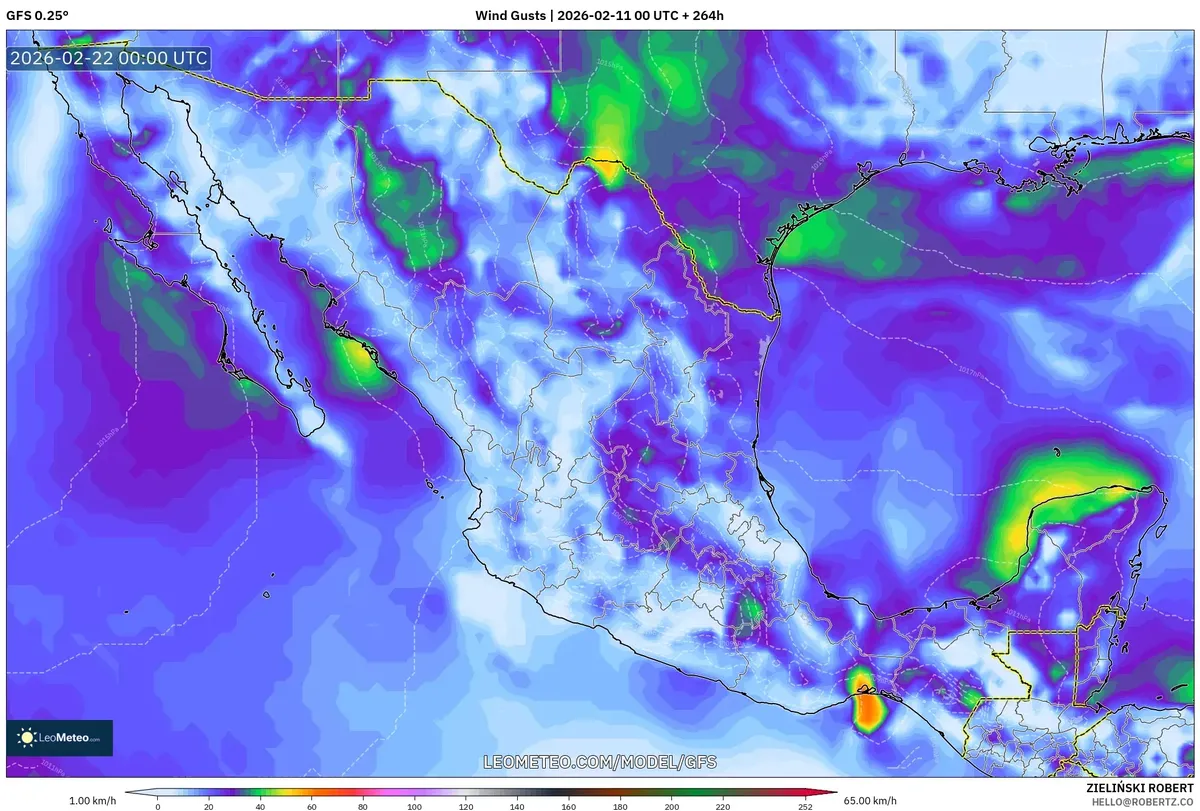 Rachas de viento moderadas en el norte de México la tarde-noche del 21 de febrero de 2026