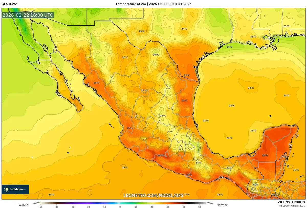 Calor diurno máximo en el sureste de México el 22 de febrero de 2026