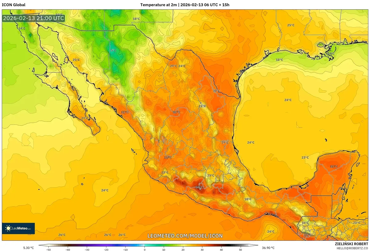 Máximo de calor vespertino en México - 13 de febrero de 2026 (ICON)