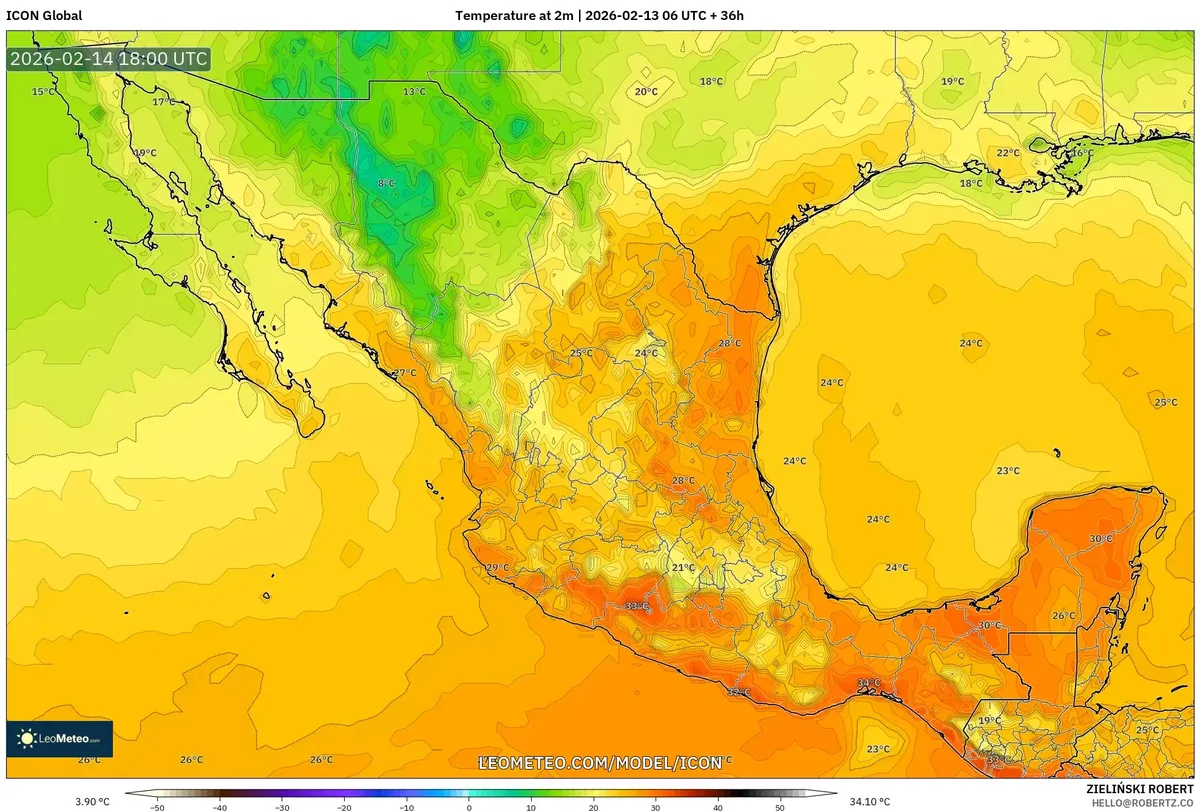 Máximas de temperatura en el centro de México el 14 de febrero de 2026 (ICON)