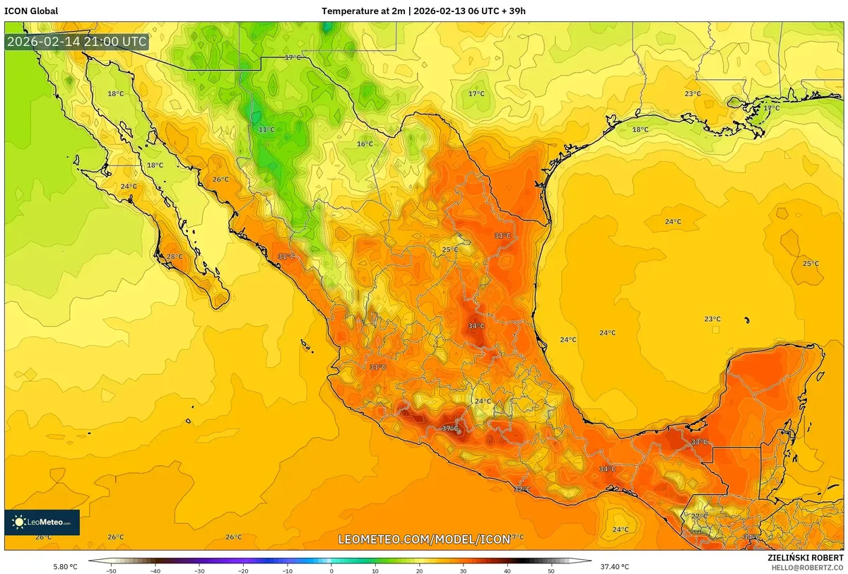 Tardes cálidas en la península de Yucatán el 14 de febrero de 2026 (ICON)
