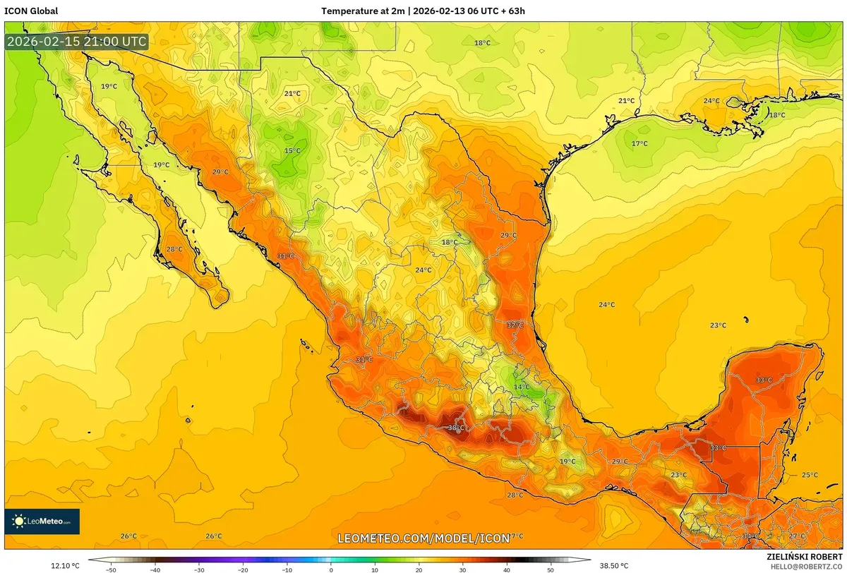 Máximo de calor vespertino en México el 15 de febrero de 2026 (ICON)