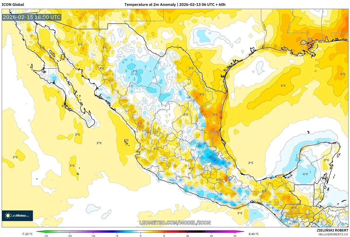 Anomalías de temperatura al mediodía en México el 15 de febrero de 2026 (ICON)