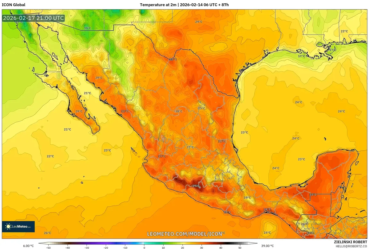 Calor cercano a récord en el sur de México el 17 de febrero de 2026 (ICON)