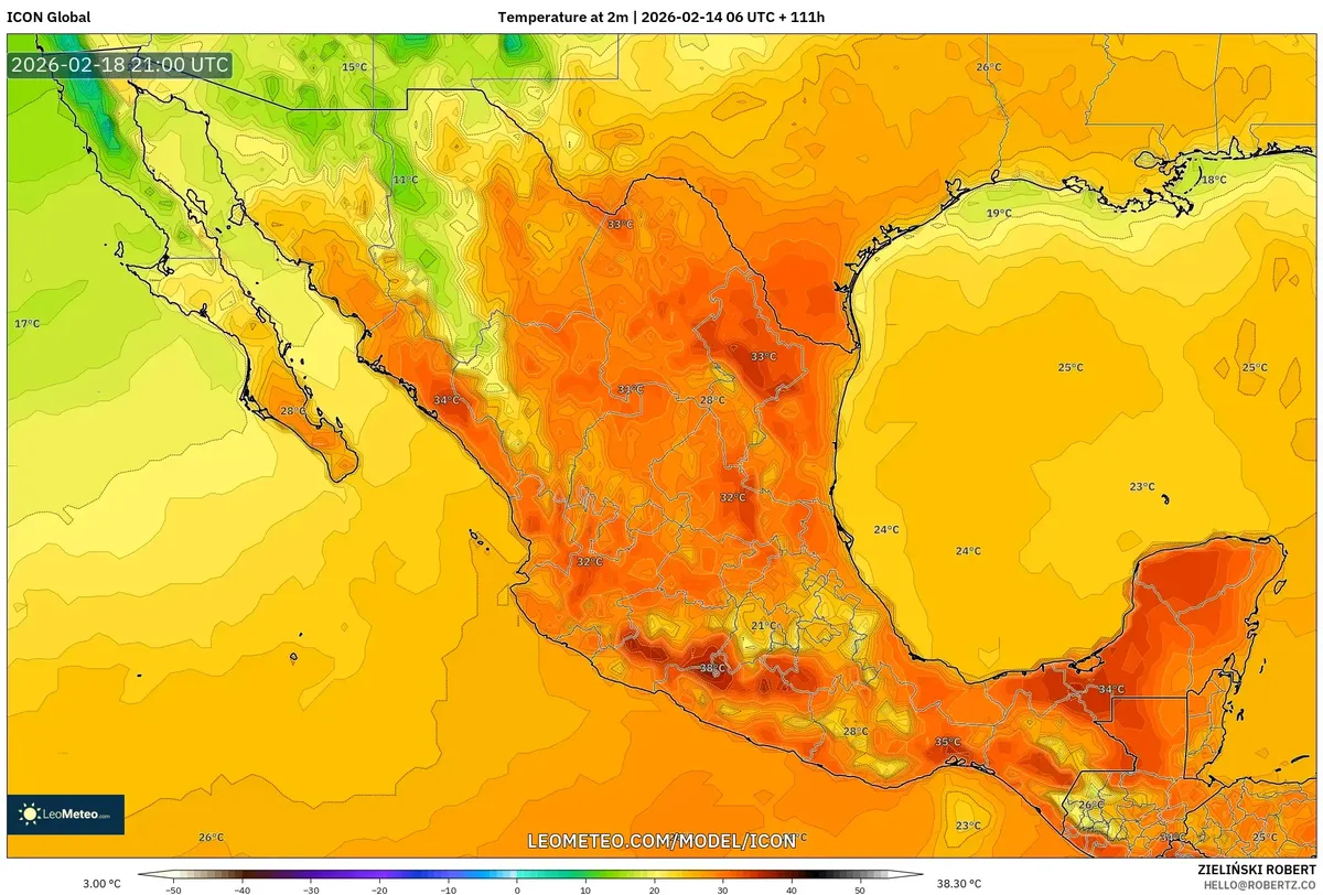 Máximo de calor en el centro de México el 18 de febrero de 2026 (ICON)