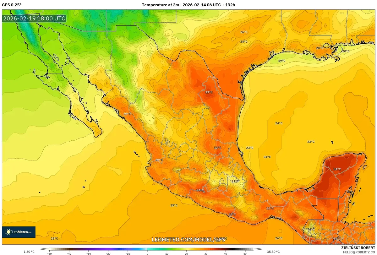 Las temperaturas máximas se disparan en Monterrey el 19 de febrero de 2026 (GFS)