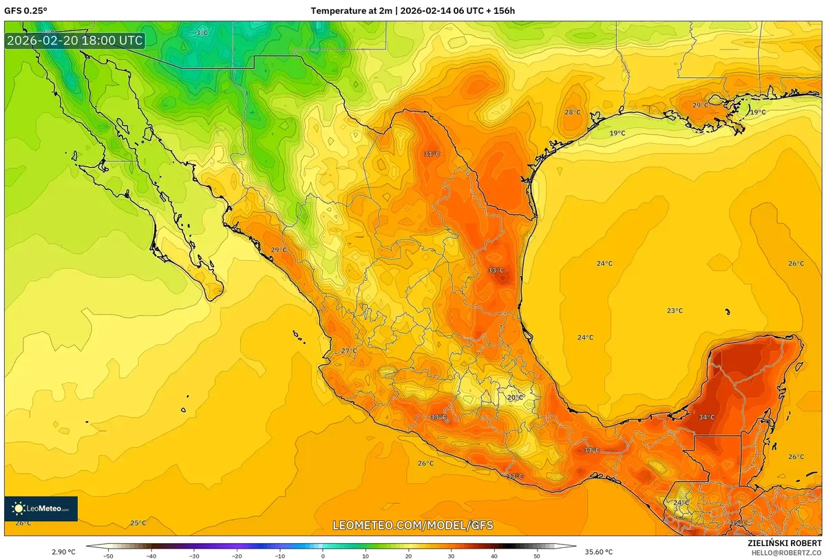 Las temperaturas máximas se concentran en el noreste de México el 20 de febrero de 2026 (GFS)