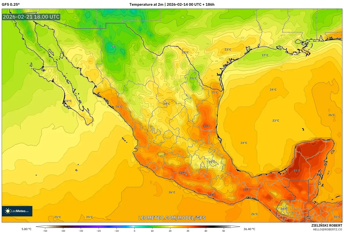 Calor vespertino máximo en el centro de México el 21 de febrero de 2026 (GFS)