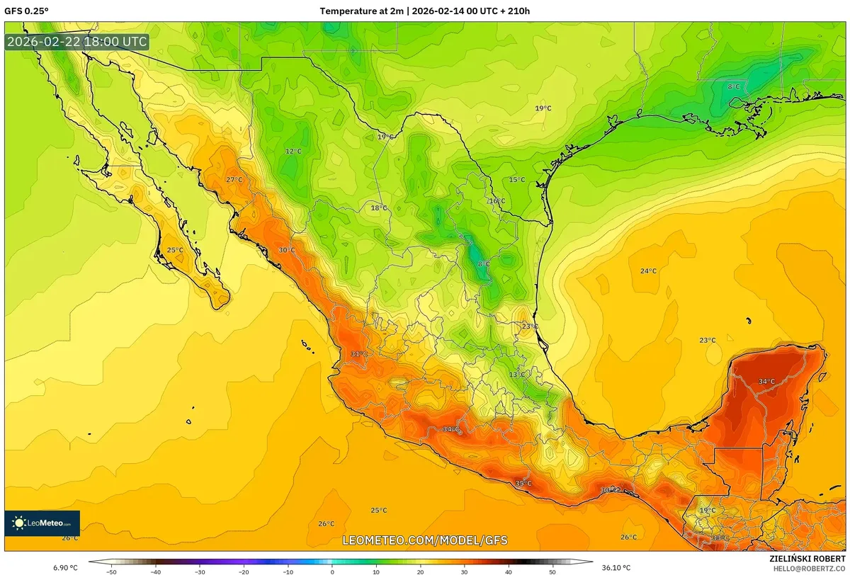 Calor extremo en el sur de México el 22 de febrero de 2026 (GFS)