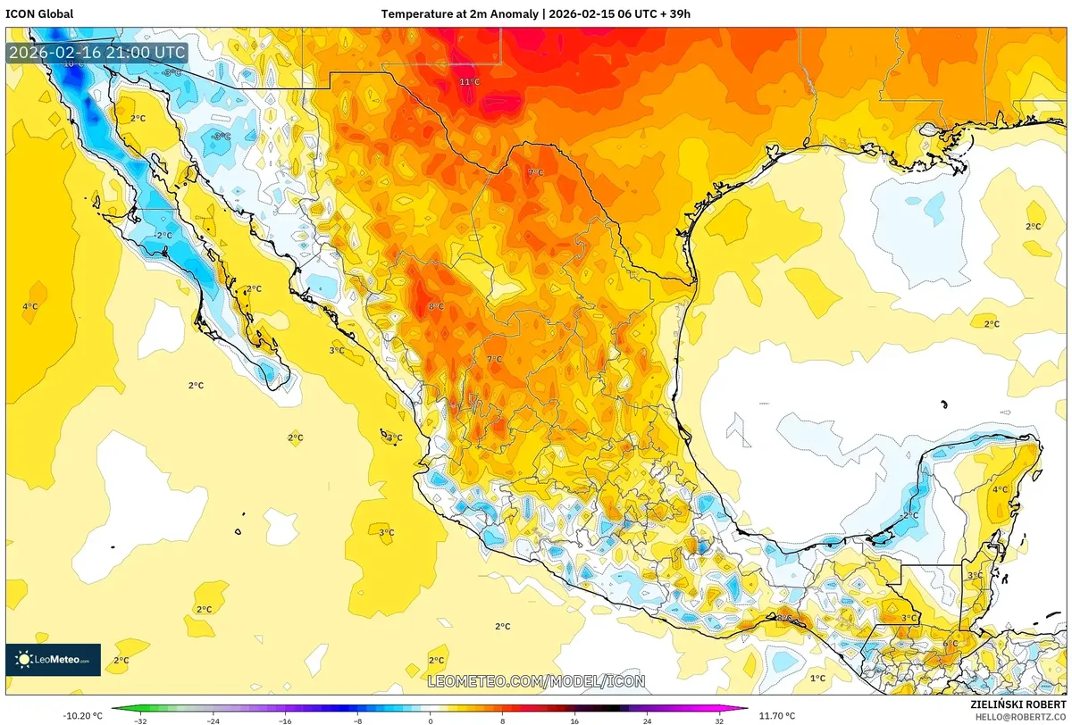 Anomalía de temperatura el 16 de febrero de 2026 (ICON)