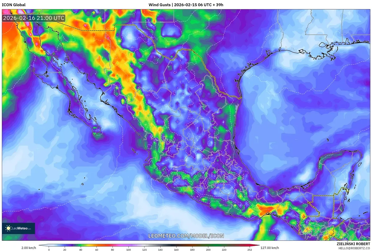 Rachas de viento fuertes el 16 de febrero de 2026 (ICON)