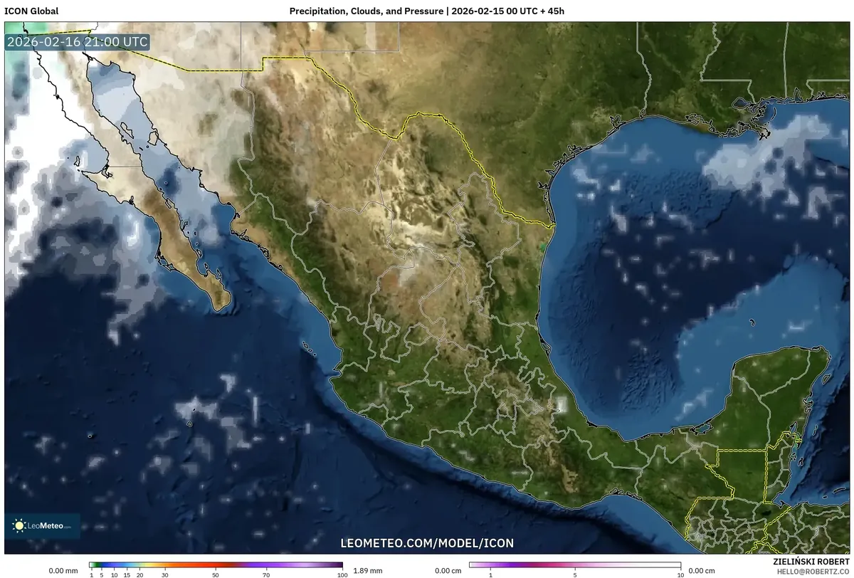Precipitación y nubosidad el 16 de febrero de 2026 (ICON)