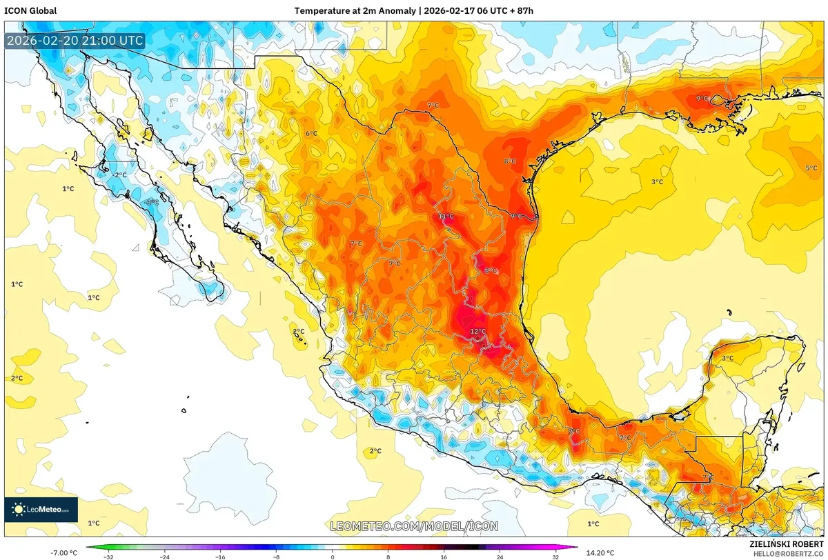 Temperaturas por encima de lo normal en México, 20 de febrero de 2026 (ICON)