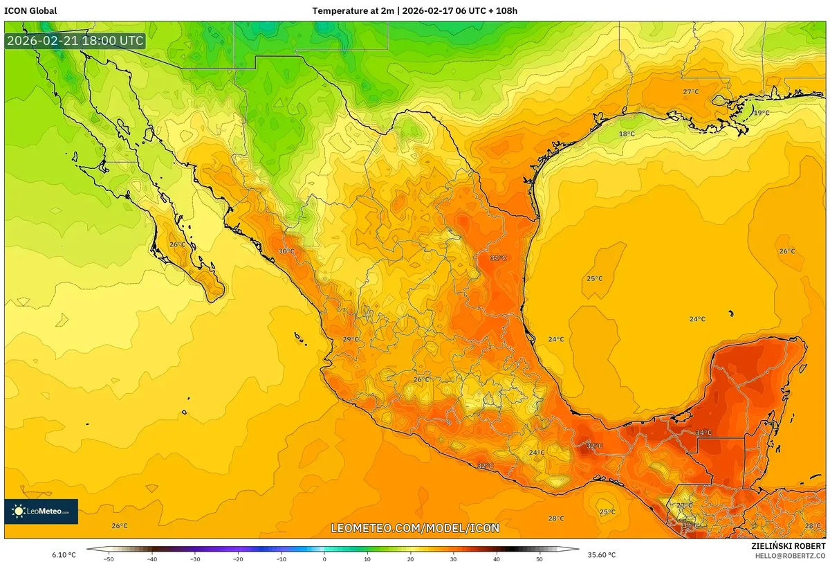 Temperaturas máximas se concentran en el centro de México, 21 de febrero de 2026 (ICON)
