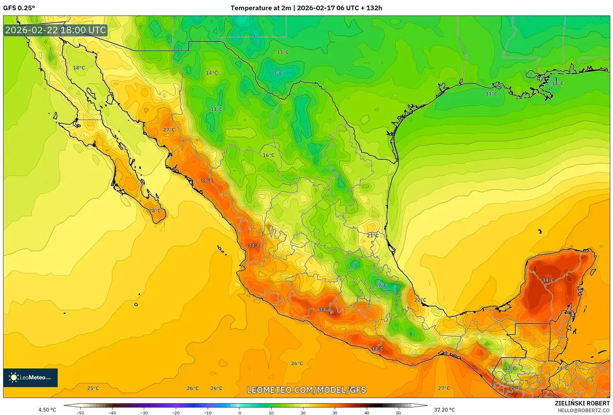 Temperaturas máximas se concentran en el sureste de México, 22 de febrero de 2026 (GFS)
